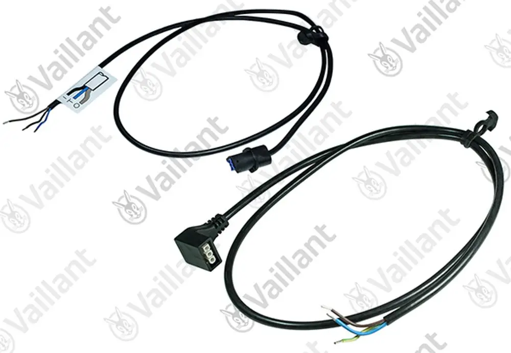 Kabelsatz von Vaillant mit einem Steckverbinder und abisolierten Drähten. Enthält zwei verschiedene Kabelstränge für elektrische Anschlüsse.